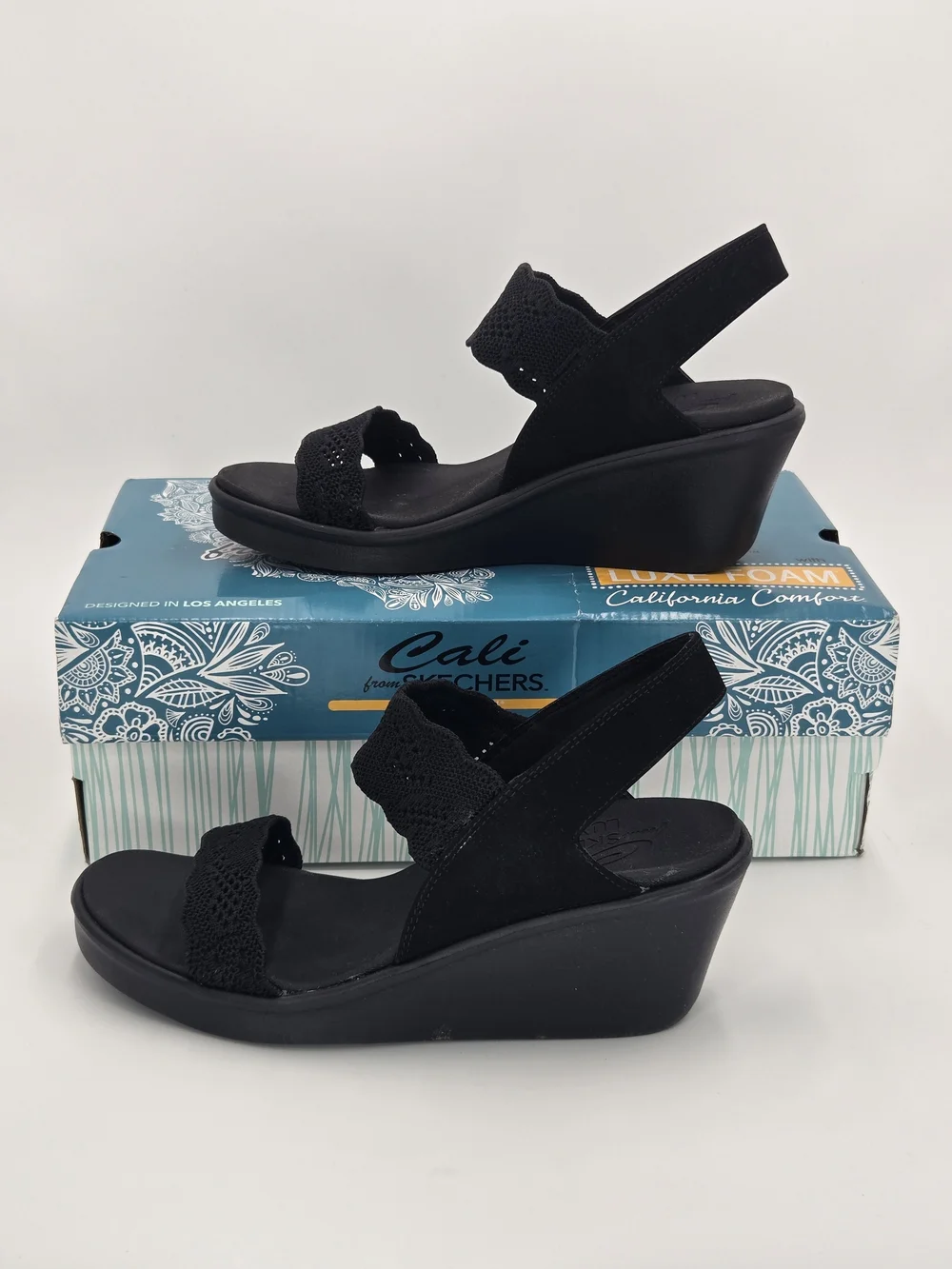 Cali from Skechers Rumble On-New Crush Black Suede Crochet Wedge Sandals Size 8
